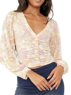 V-Neck Ruched Peasant Blouse in Pastel Floral